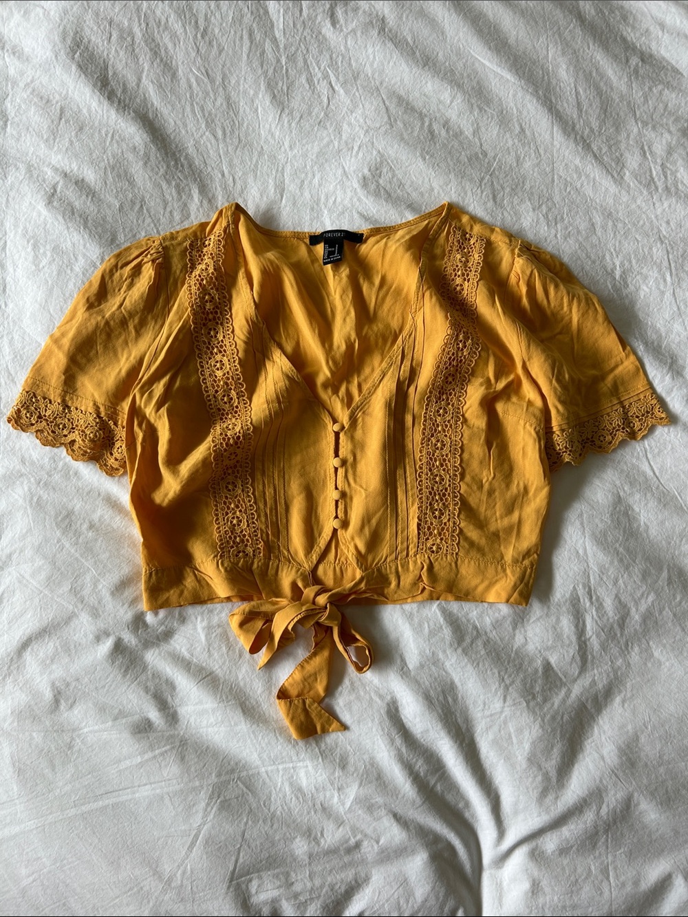 F21 Yellow Tie Front Lace Short Sleeve Top